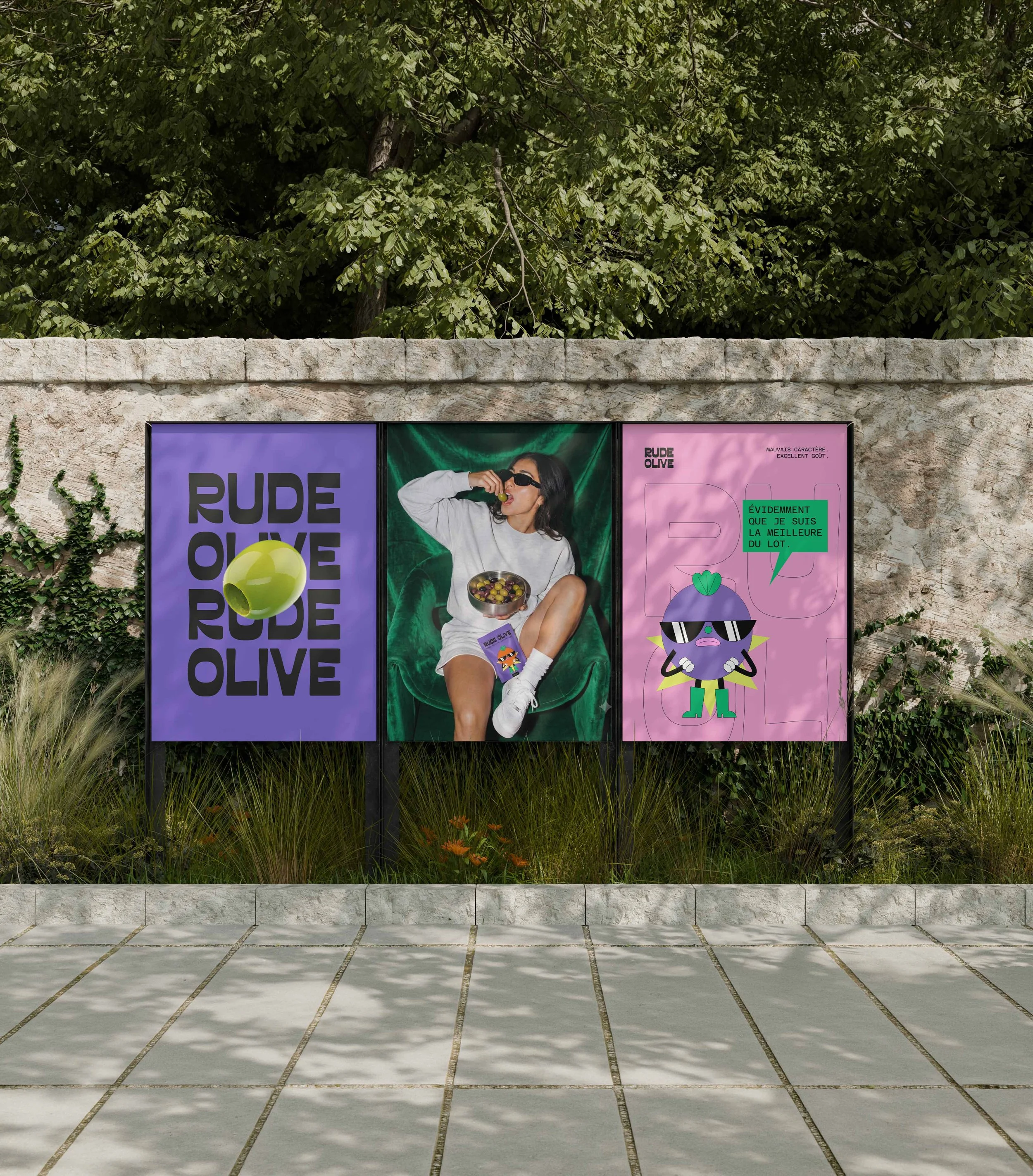 Panneaux publicitaires colorés fixés sur un mur en pierre, avec de la végétation verte en arrière-plan