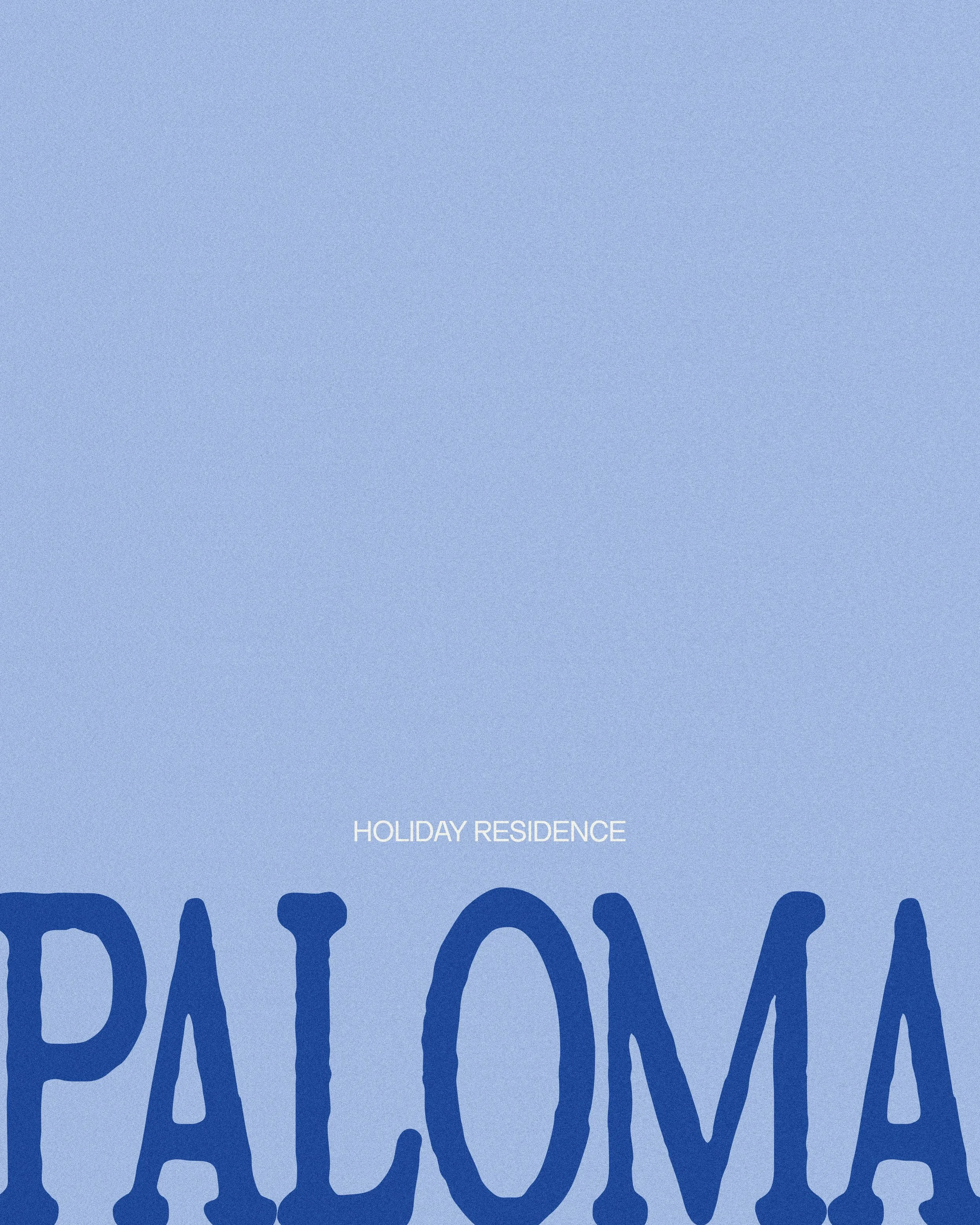Livre de résidence de vacances avec un fond bleu clair, le texte 'HOLIDAY RESIDENCE' en blanc et un mot partiellement visible en lettres bleues foncées en bas.