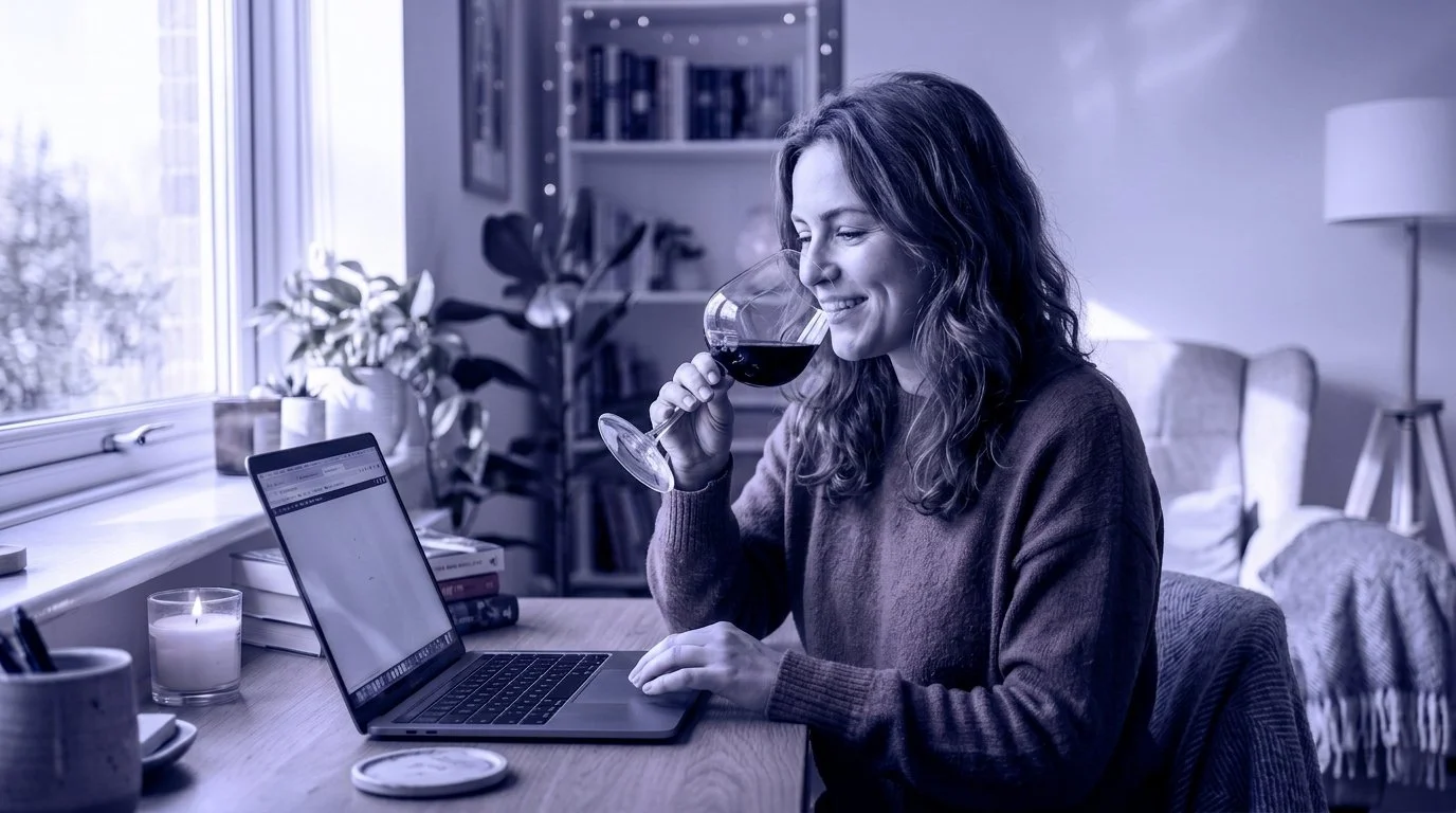 Mujer con cabello rizado, sonriendo y disfrutando de una copa de vino tinto en una oficina en casa, frente a una computadora portátil en un ambiente acogedor con plantas y libros.