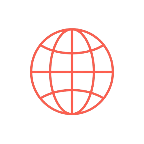 Ilustración de un globo terráqueo en línea de color rojo sobre fondo negro.