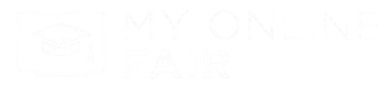Logotipo de una feria en línea llamada 'My Online Fair' con un icono de gorro de graduación