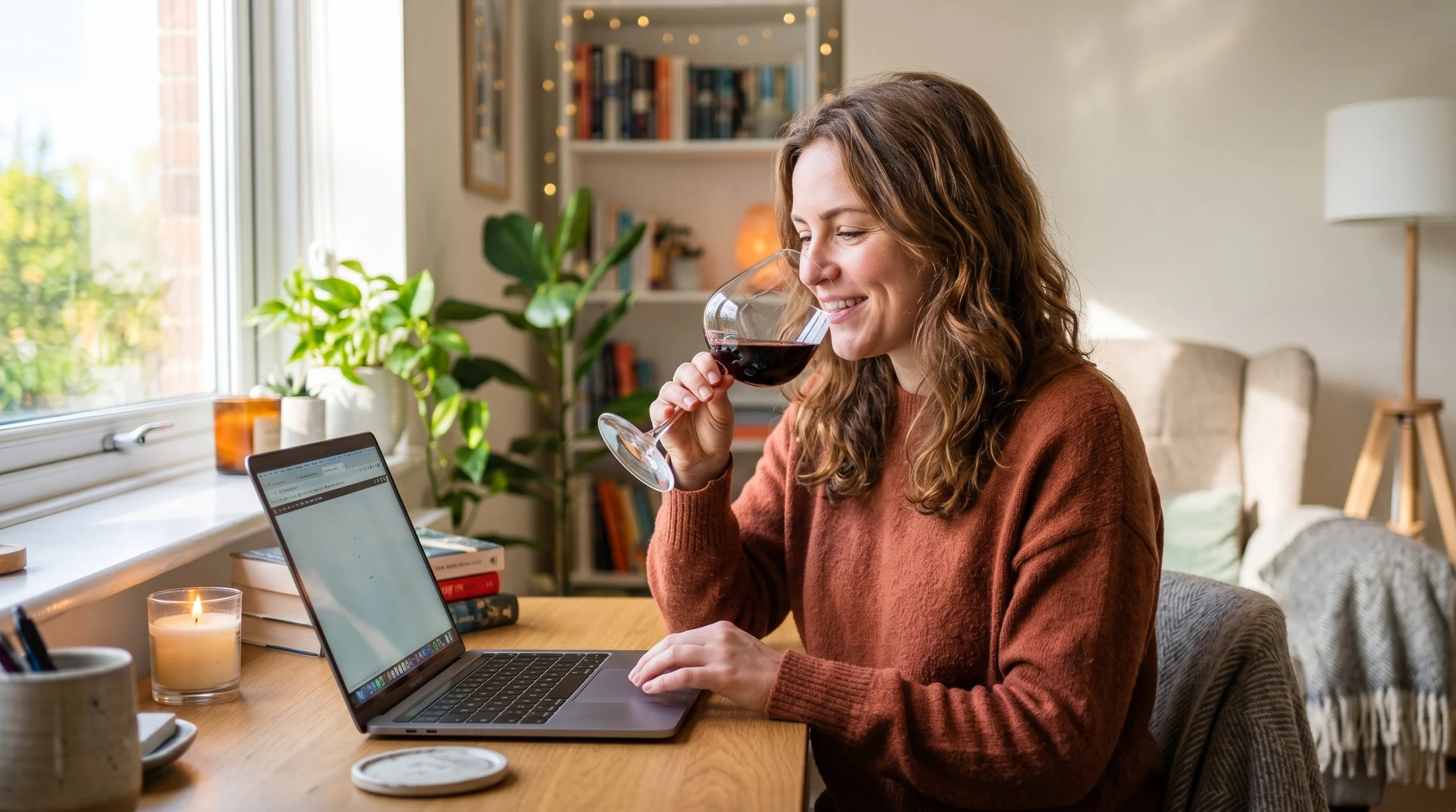Mujer sonriendo en un comedor con una copa de vino, usando una computadora portátil en una mesa con libros y una vela, en un ambiente acogedor con luz natural y plantas.