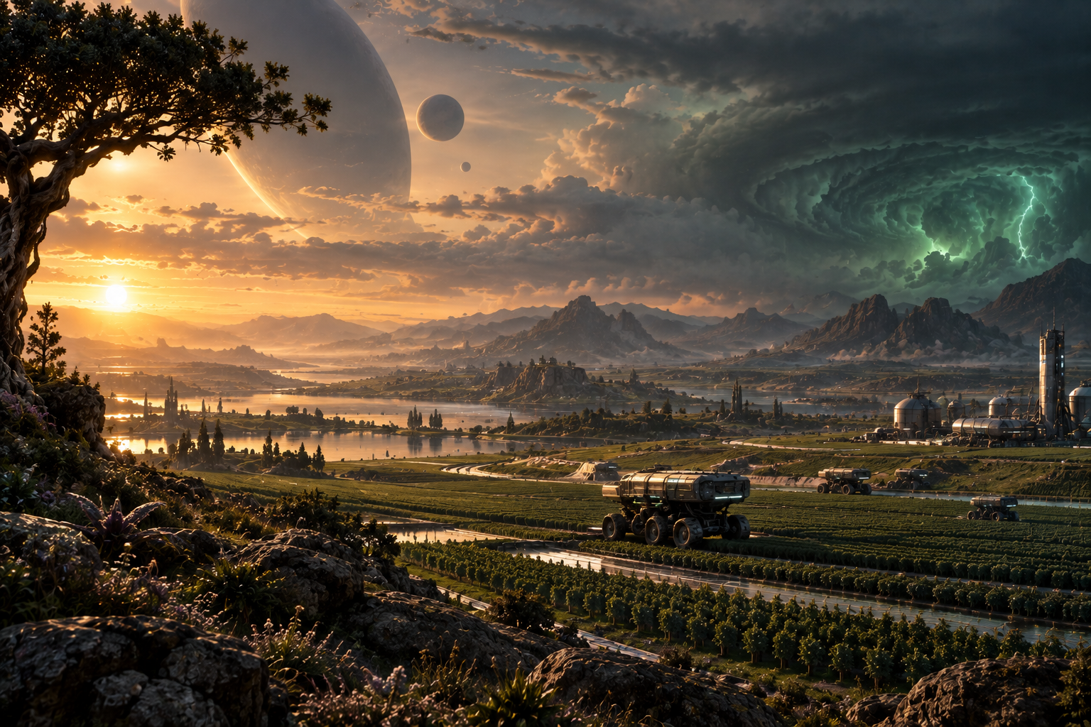 A futuristic landscape with a lush green valley, mountains, a lake, and various science-fiction elements like multiple planets, a swirling storm, and massive industrial buildings in the distance, under a vibrant sunset sky.