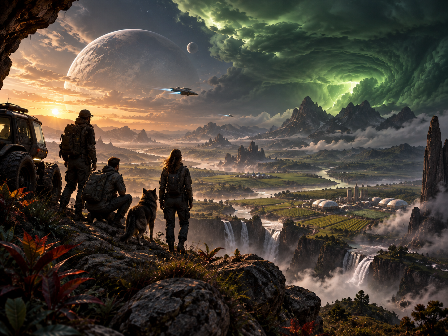 A group of four explorers, including a dog, with backpacks and outdoor gear, standing on a rocky ledge overlooking a fantasy landscape at sunset. The landscape features waterfalls, mountains, a river, futuristic flying vehicles, a large planet in the sky, and a storm with green lightning.