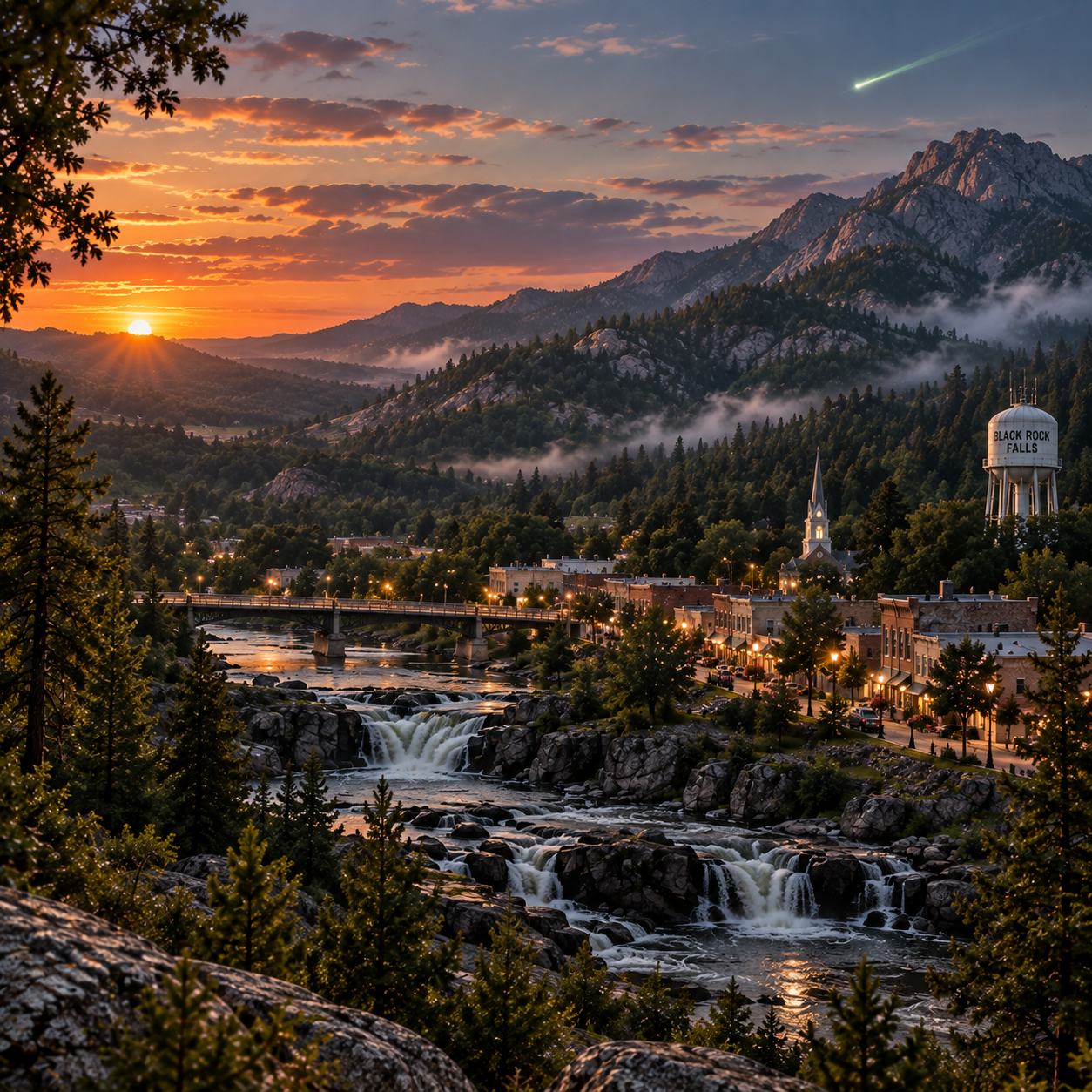 Sunset over a mountainous town with a river, waterfalls, a bridge, a church with a tall steeple, and a water tower labeled 'Black Rock Falls', surrounded by trees and fog in the valleys.