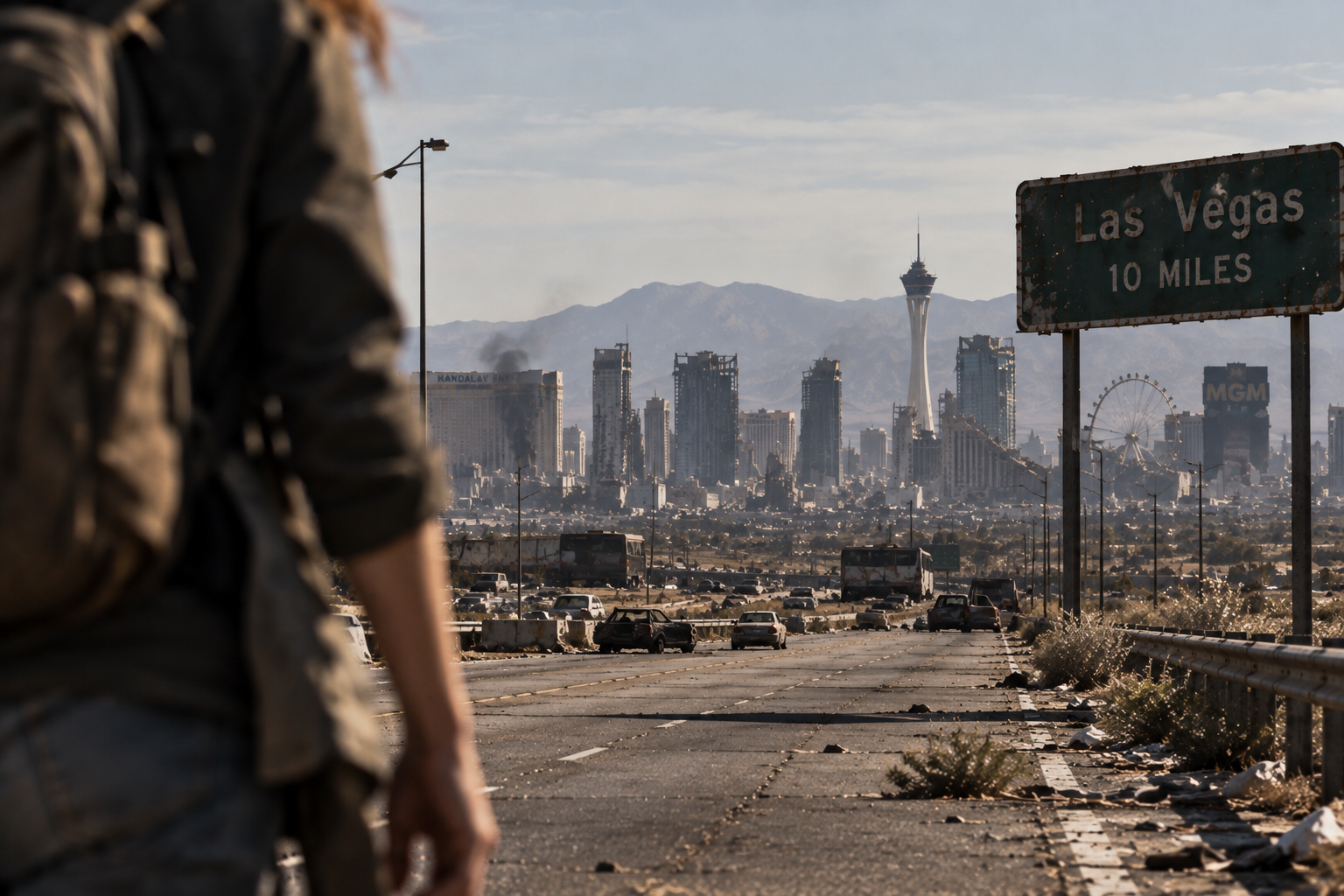 Partially visible person with a backpack walking along a deserted highway, with the Las Vegas skyline and mountains in the background.