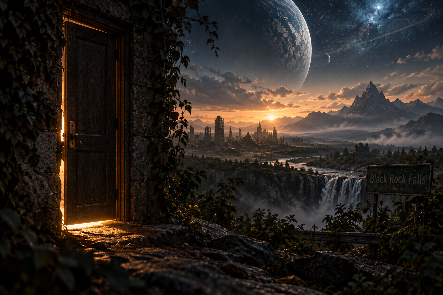 A surreal landscape showing a stone building with a wooden door on the left, with the door slightly open emitting light. In the background, a city with tall, irregular skyscrapers is situated among mountains at sunset. The sky features stars, planets, and the Milky Way galaxy. A sign on the right reads 'Black Rock Falls' and waterfalls are visible in the distance.