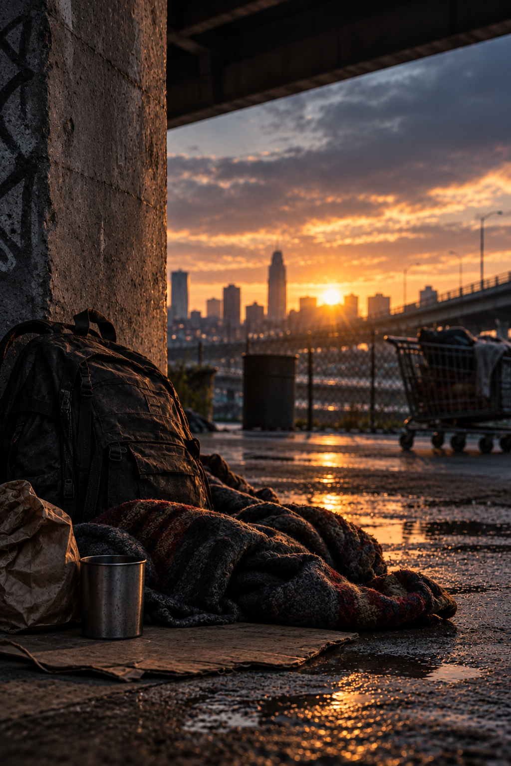 Homeless person's belongings, including a backpack, blanket, and a metal cup, resting under a bridge at sunset in an urban area with a city skyline in the background.