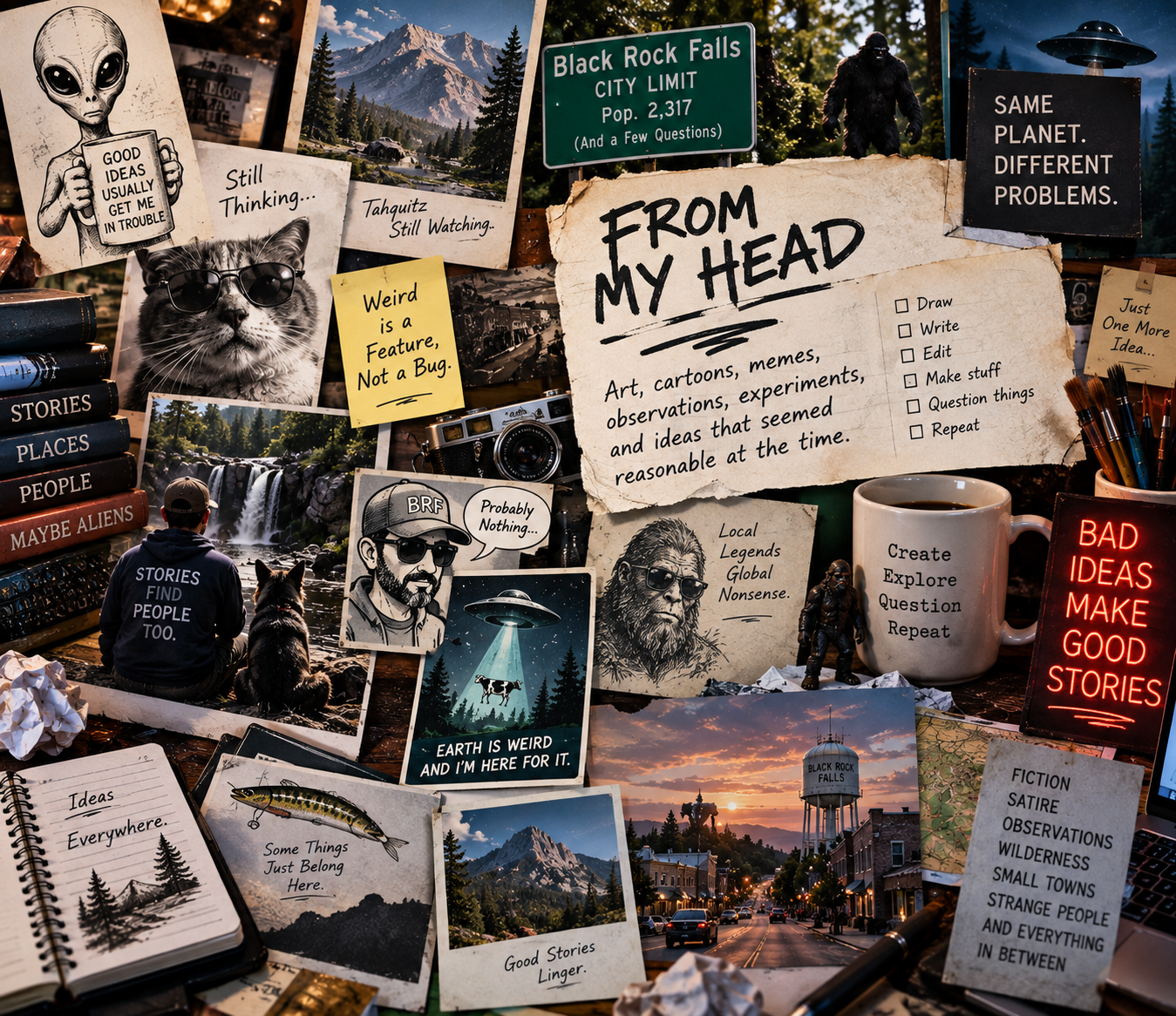 A collage of photographs, notes, books, and memorabilia on a bulletin board and table, centered around the theme of Black Rock Falls, with images of nature, a water tower, and various quotes about creativity and exploration.