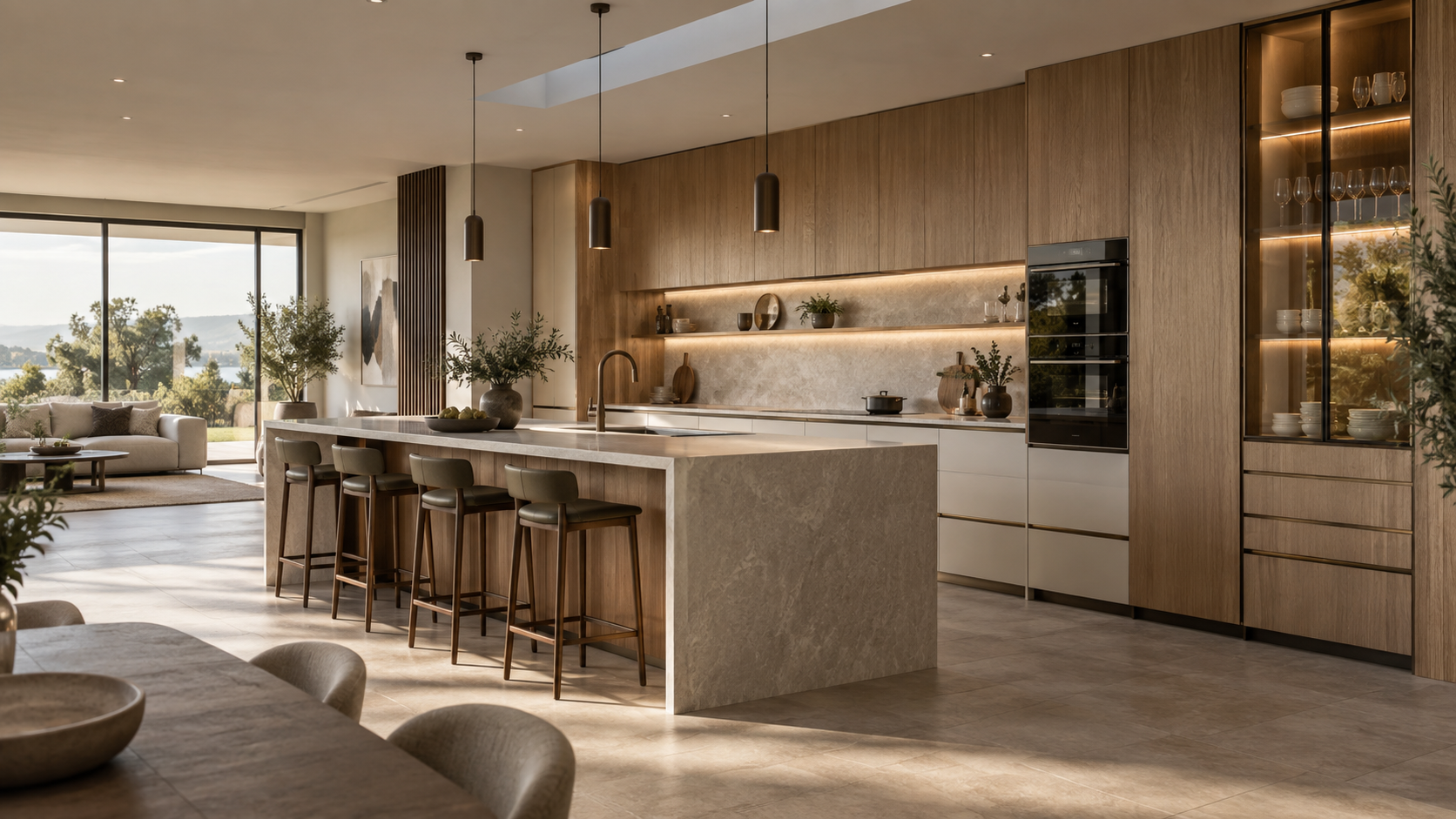 Bespoke Bottega kitchen with natural oak cabinetry, stone island, and integrated lighting