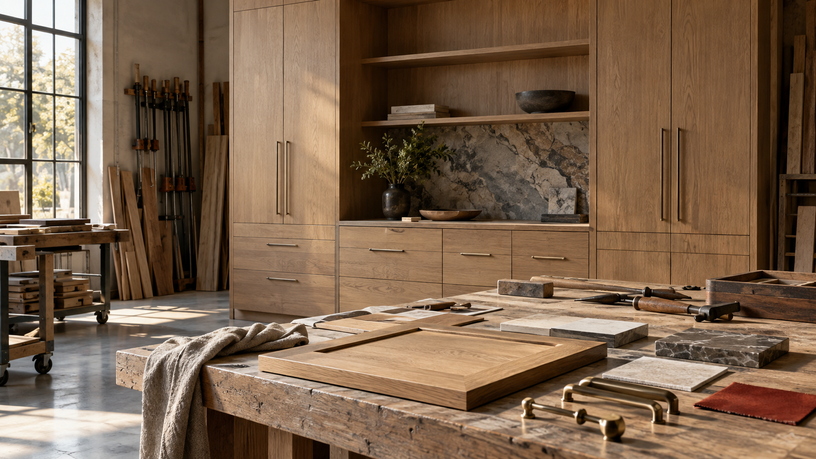 Bespoke Bottega oak millwork and cabinetry craftsmanship studio