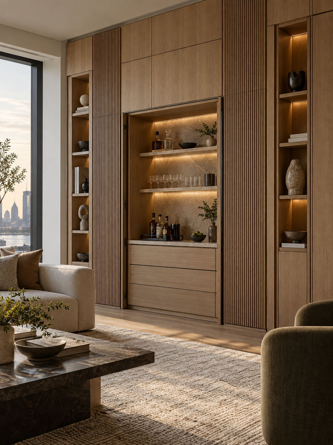 Bespoke Bottega residential millwork with integrated bar and oak cabinetry