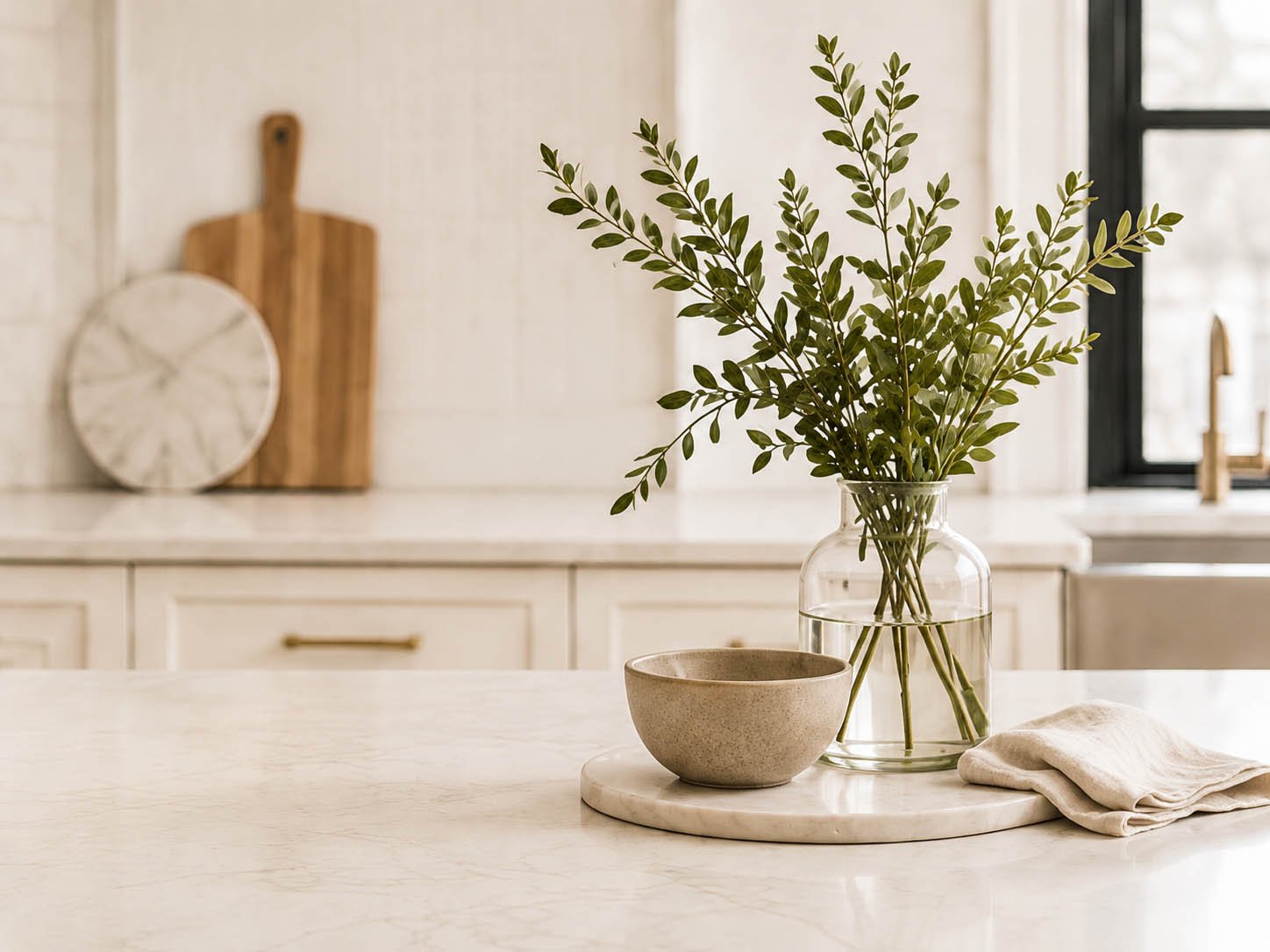 A clear glass vase with green leafy branches on a white kitchen countertop, with a beige bowl, a marble trivet, and a settler cloth nearby. In the background, there are wooden cutting boards and a window.