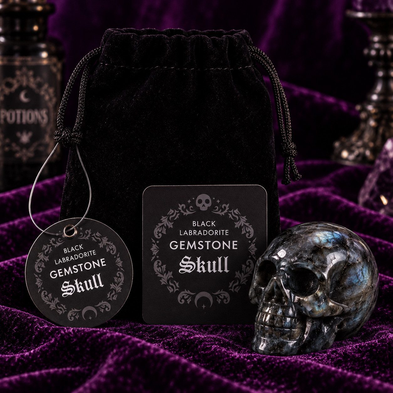 Black Labradorite Gemstone Skull | Gothic Crystal Décor
