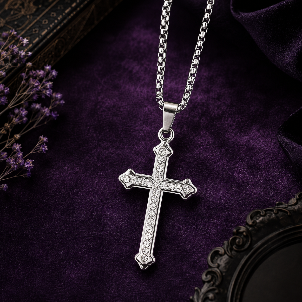 Mens Midnight Crystal Cross Necklace