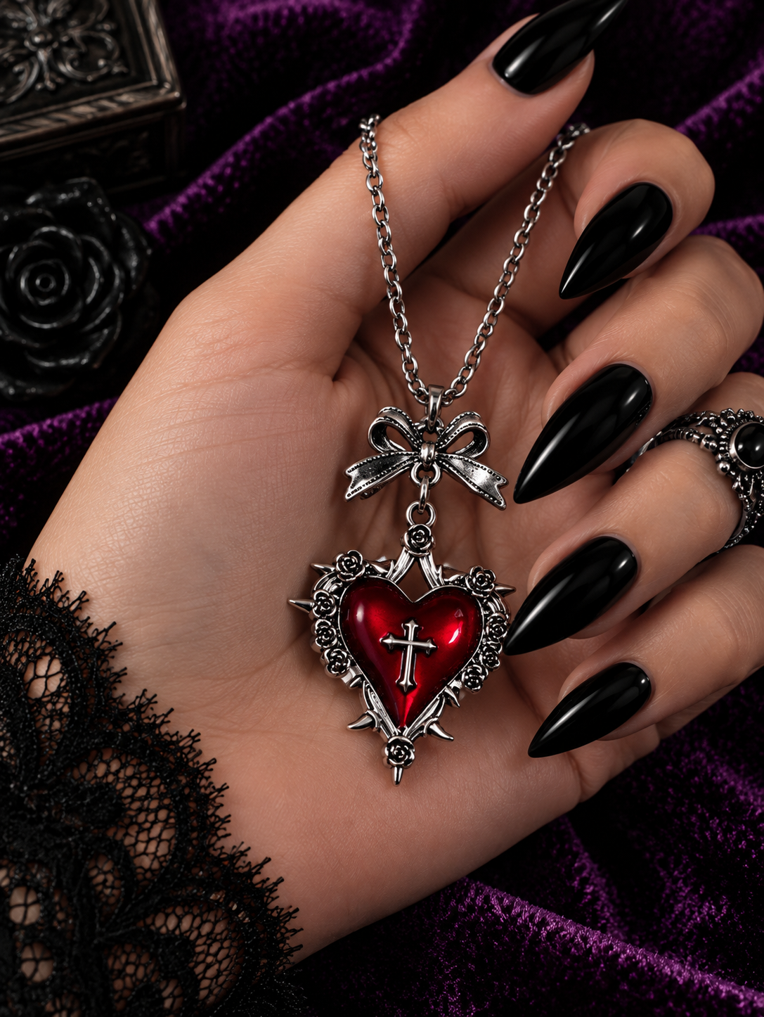 Crimson Heart Cross Necklace