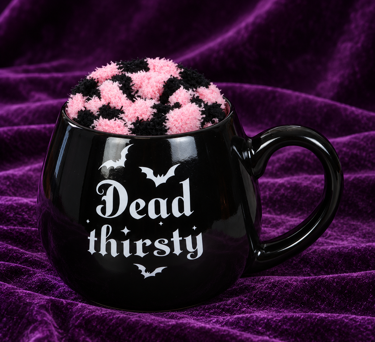 Dead Thirsty Gothic Mug & Pink & Black Fuzzy Socks Set