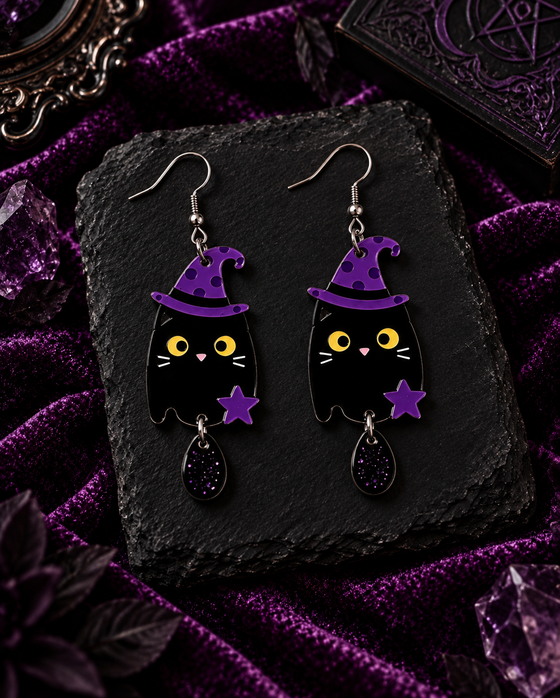 Bewitched cat drop earrings