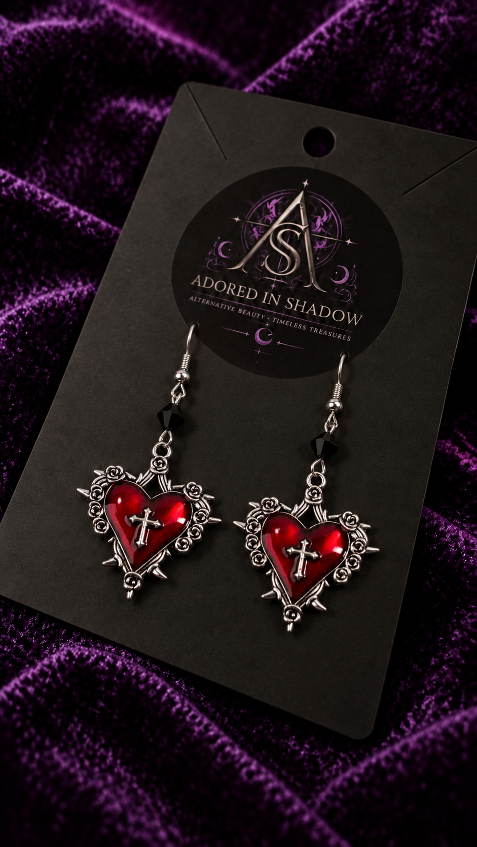 Crimson Heart Cross Earrings