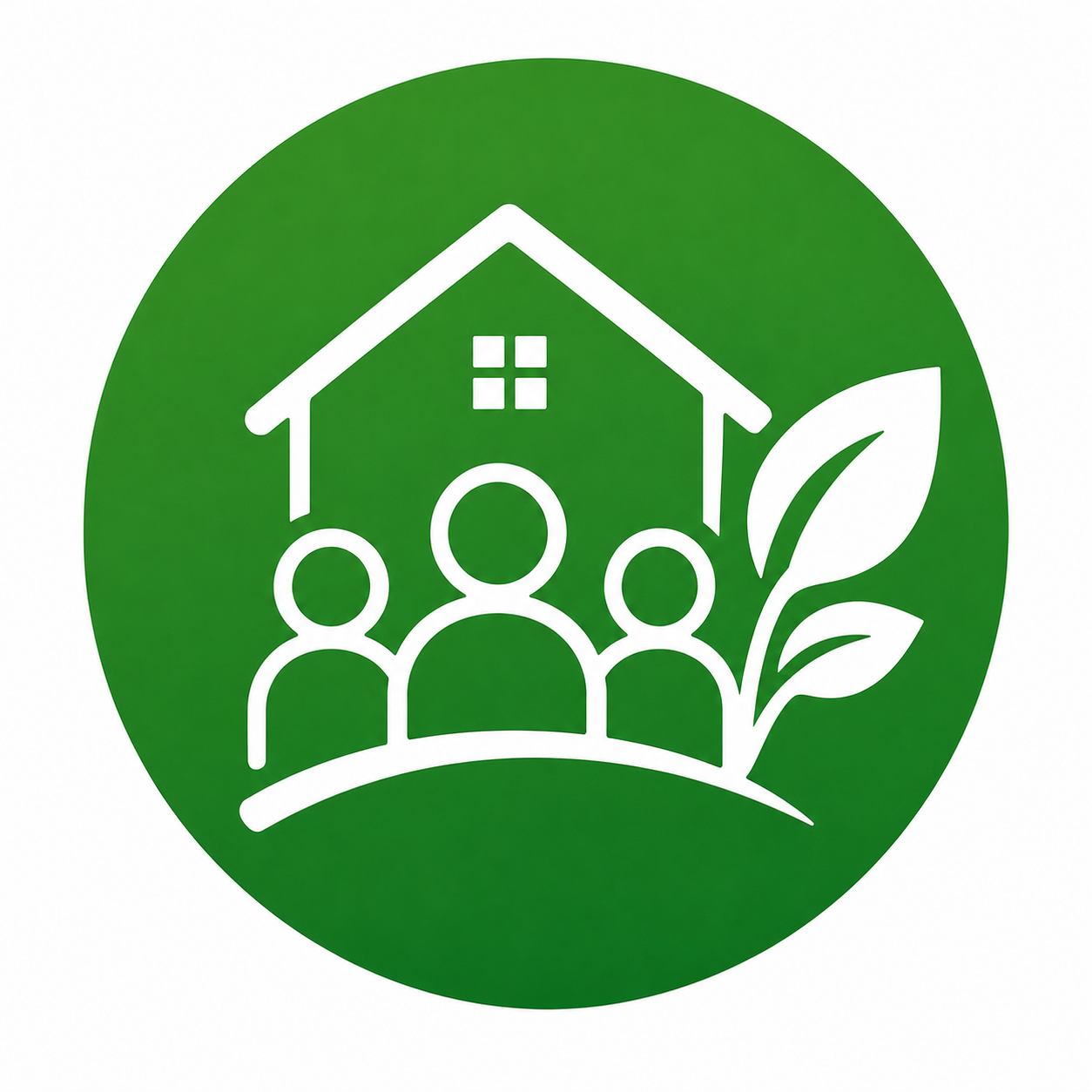 Green circular emblem with white outline of a house, three people, and a leaf.