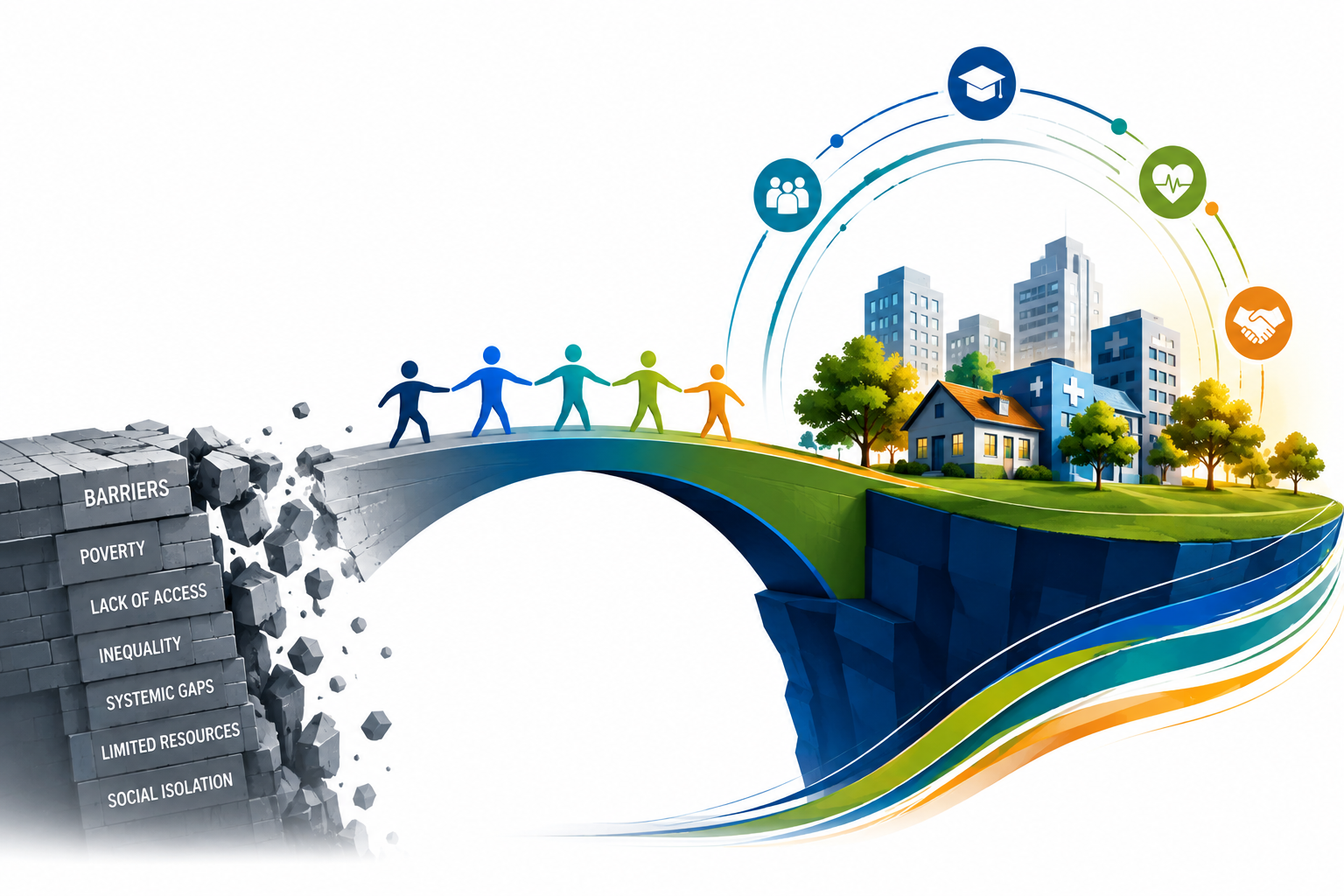 ICS Foundation illustration showing a bridge connecting individuals and families to healthcare, education, resources, and stronger community systems.