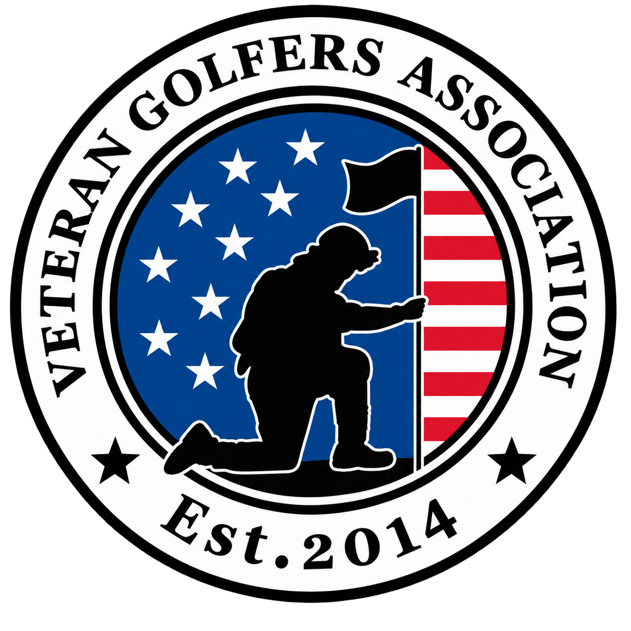 Emblem for Vernon Golfers Association featuring a kneeling soldier silhouette, American flag with stars and stripes, and established year 2014.