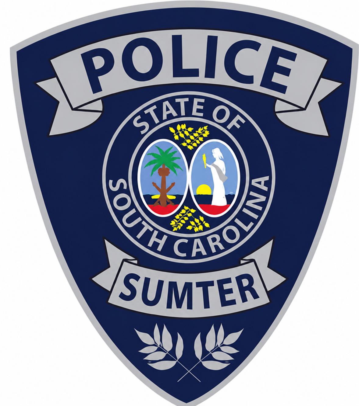 Badge of the Sumter, South Carolina police department featuring the state symbols: a palmetto tree with a crescent moon and a mermaid holding a torch, surrounded by the words "Police" and "South Carolina".