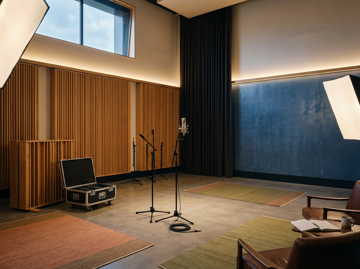 Recording studio with microphones, a large window, wood panel walls, dark curtains, studio chairs, and soft lighting.