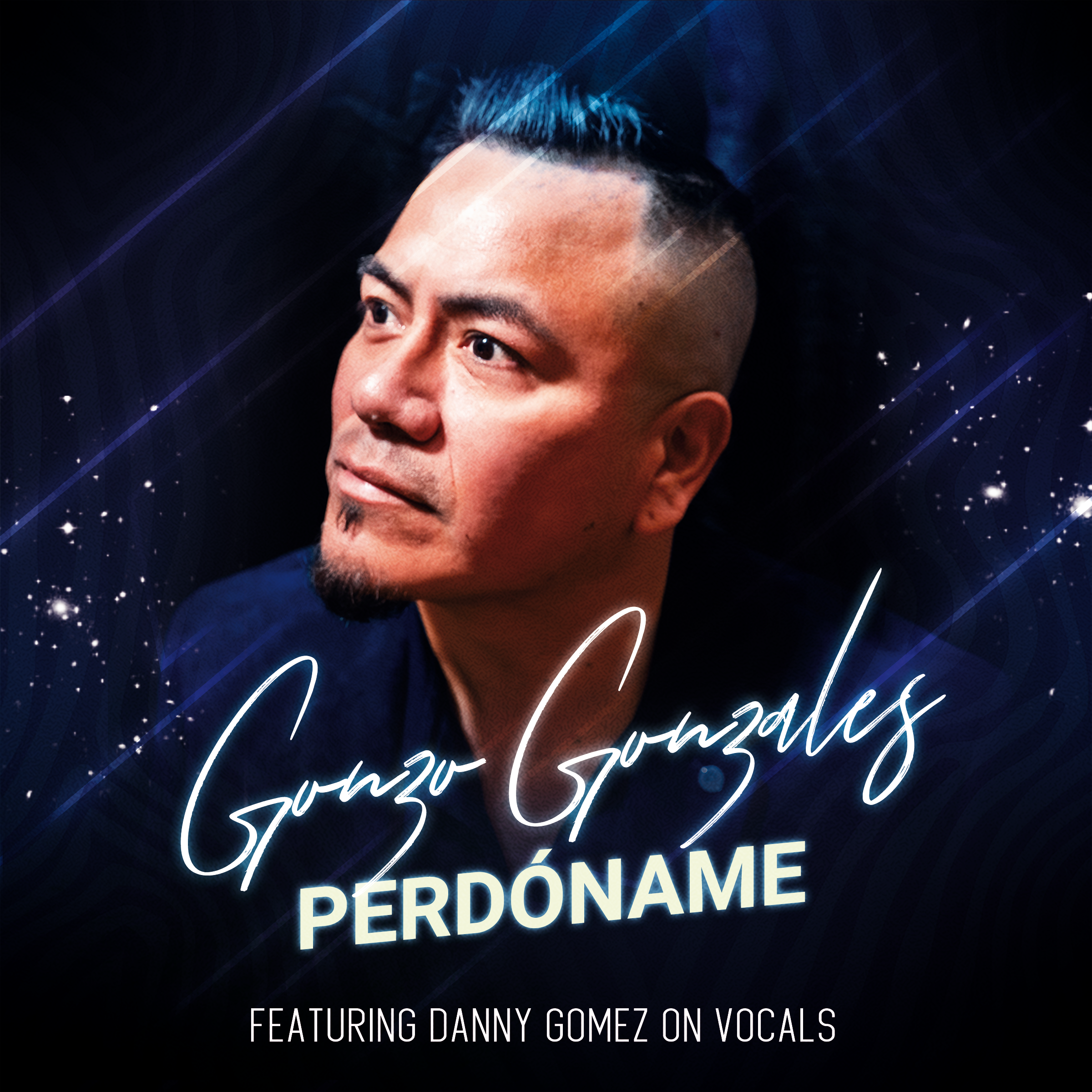 Close-up of a man's face with styled hair, against a dark background with blue light streaks and stars, with white cursive and block text overlay promoting a performance by Danny Gomez with vocals.