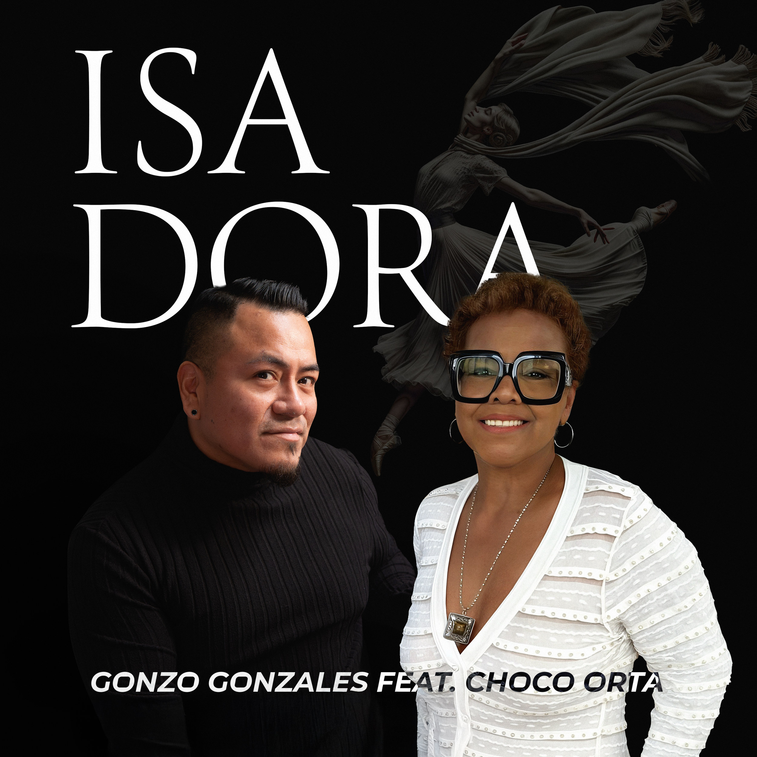 Partial view of two people, a man and a woman, standing against a black background with white text saying "ISA GONZO GONZALES FEAT CHOCO CORTA" and a figure of a woman in a flowing dress in the background.