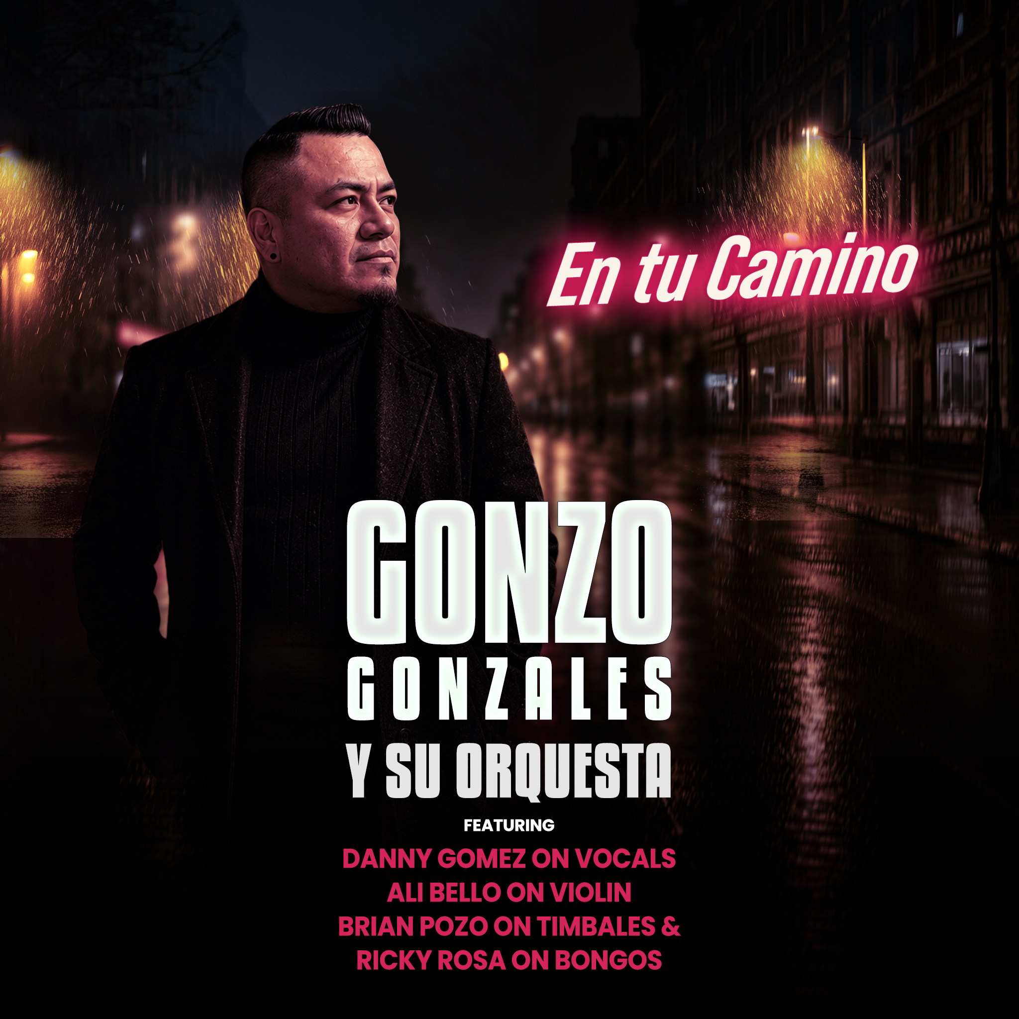 A man with short dark hair and a beard looking to the left, standing on a city street at night with wet pavement and illuminated streetlights. The image features bold, pink and white text promoting a music event with various artists.