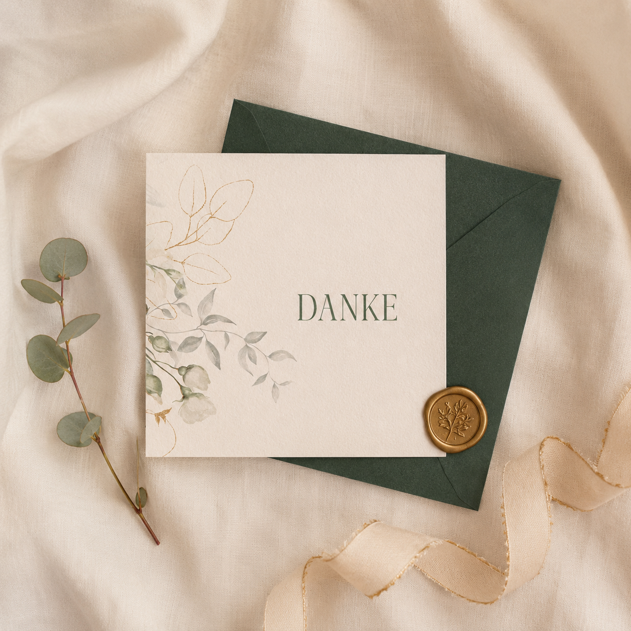 Dankeskarte in Creme mit botanischem Motiv, dunkelgrünem Umschlag und Wachssiegel