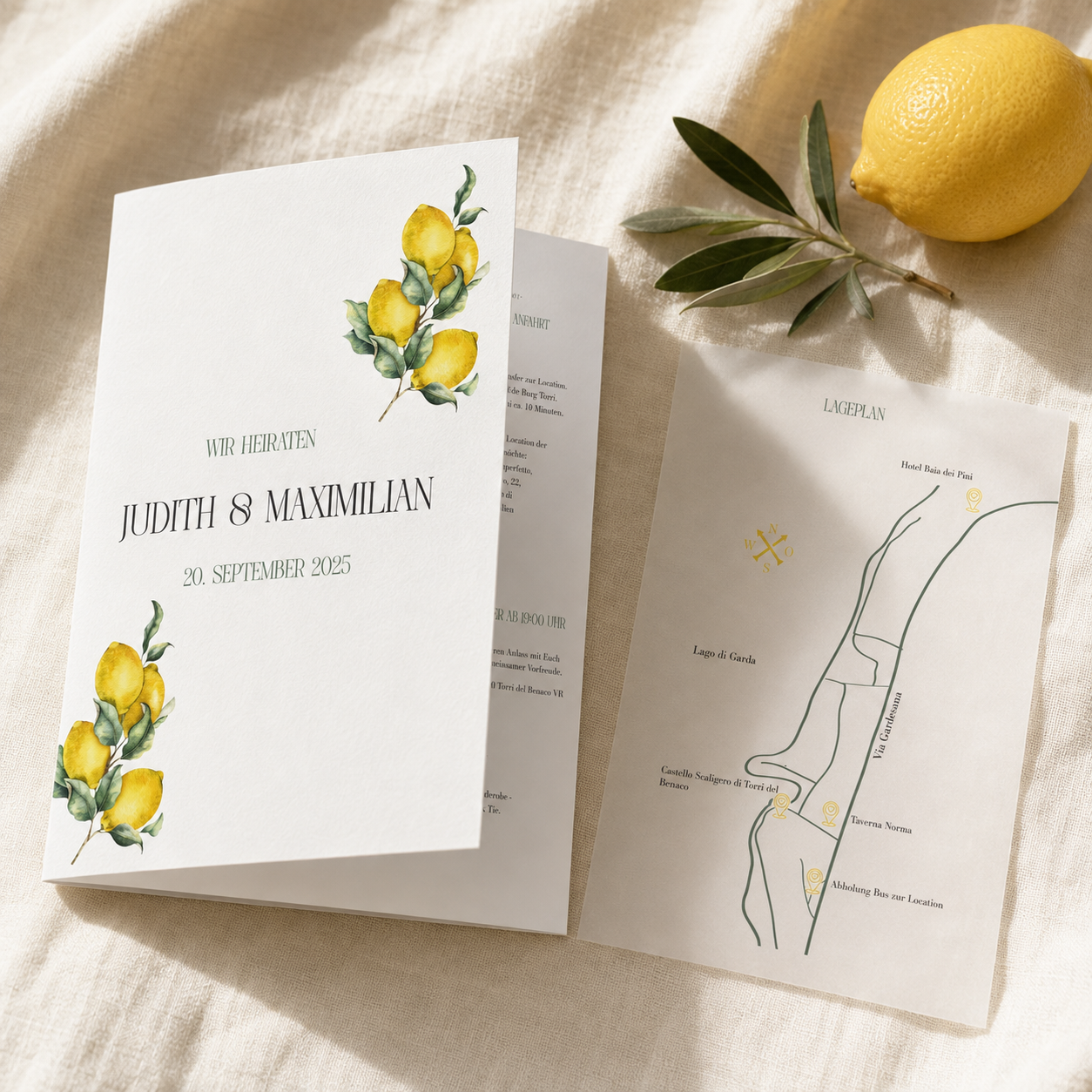 Hochzeitseinladung mit Zitronenmotiv und passender Wegbeschreibung