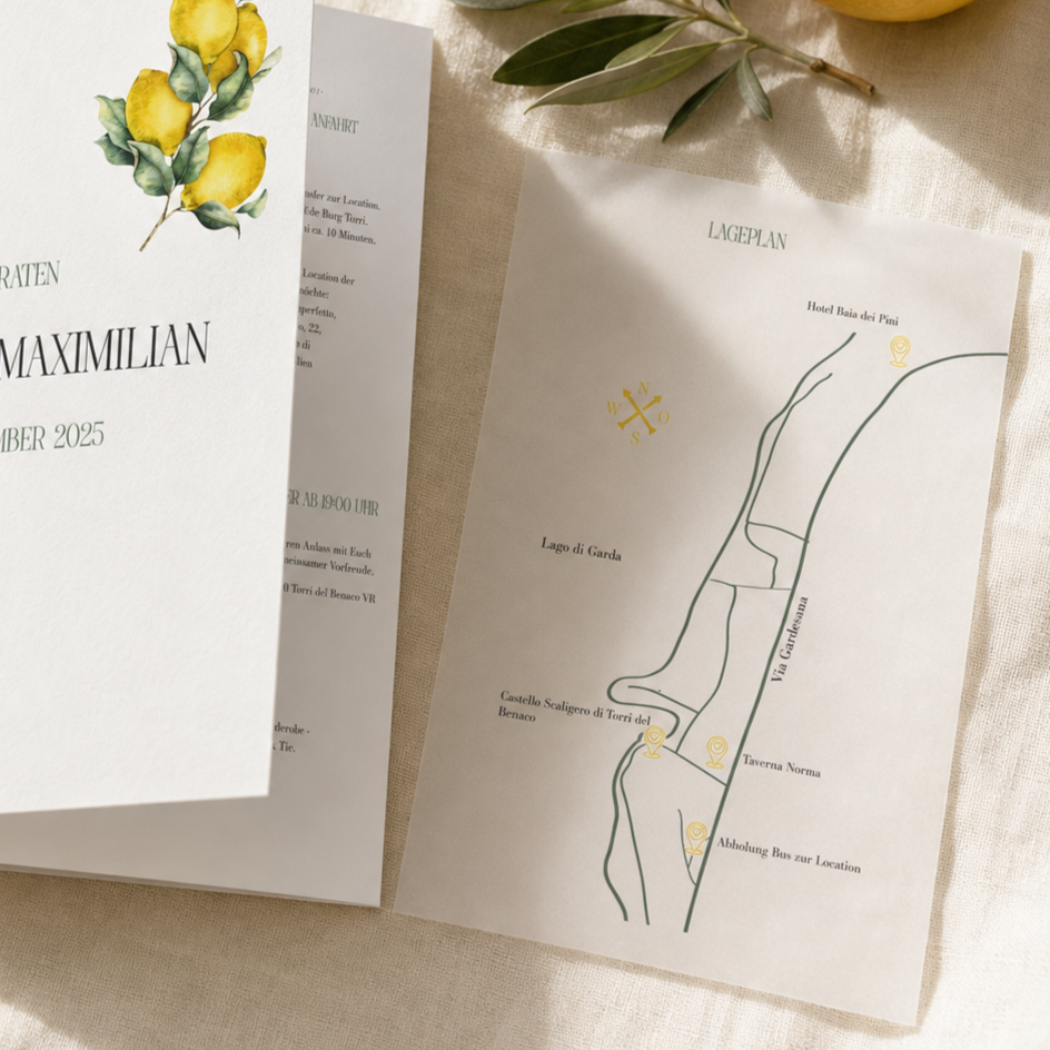 Hochzeitseinladung mit passender Wegbeschreibung und Kartenillustration