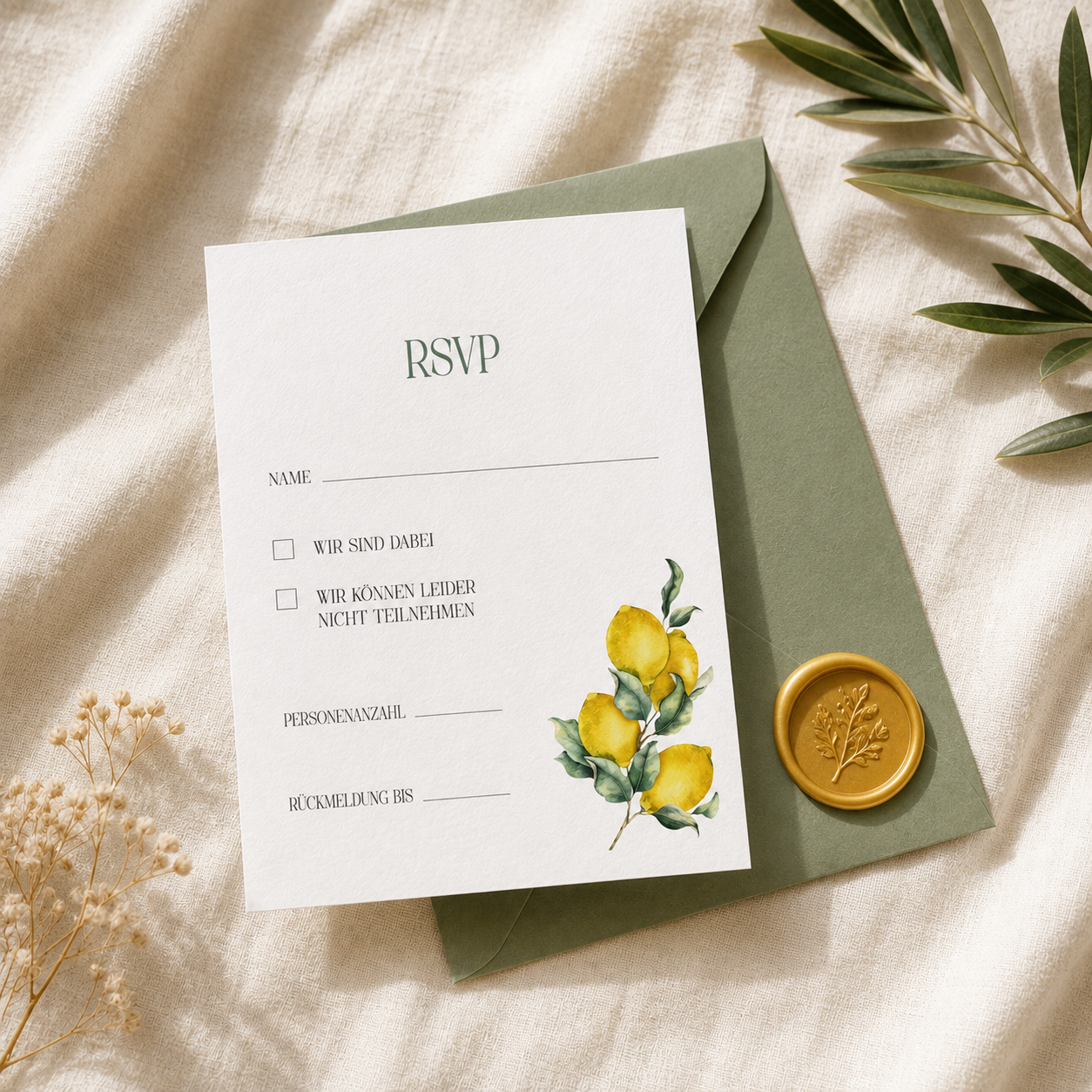 RSVP-Karte zur Hochzeit mit grünem Umschlag, Zitronenmotiv und Wachssiegel