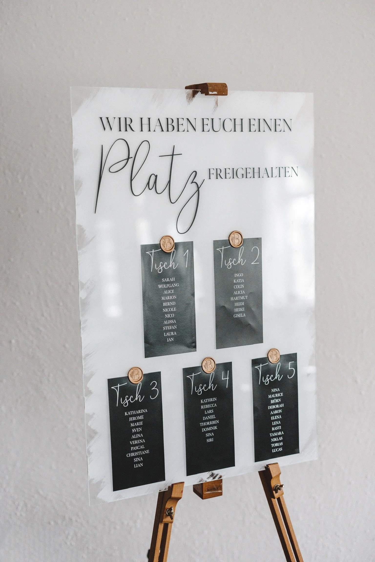 Handbemalter Hochzeitssitzplan auf Staffelei mit schwarzen Namenskarten