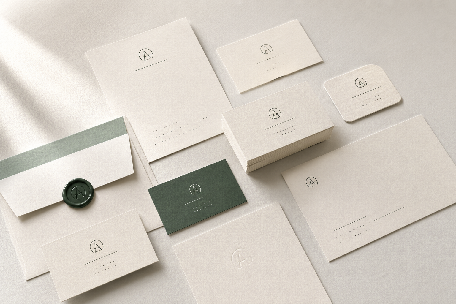 Branding- und Geschäftsausstattung mit Visitenkarten, Briefpapier und Umschlag im Design von Alissa Kilz Designstudio