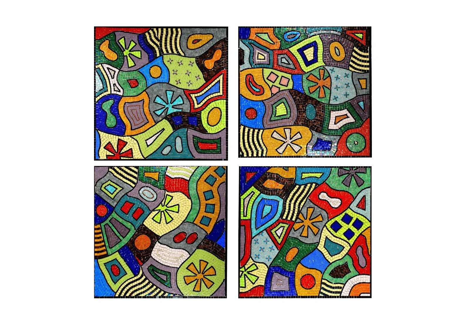 A colorful abstract mosaic artwork divided into four sections, each filled with various geometric shapes and patterns in bright colors such as red, blue, yellow, green, black, and purple.