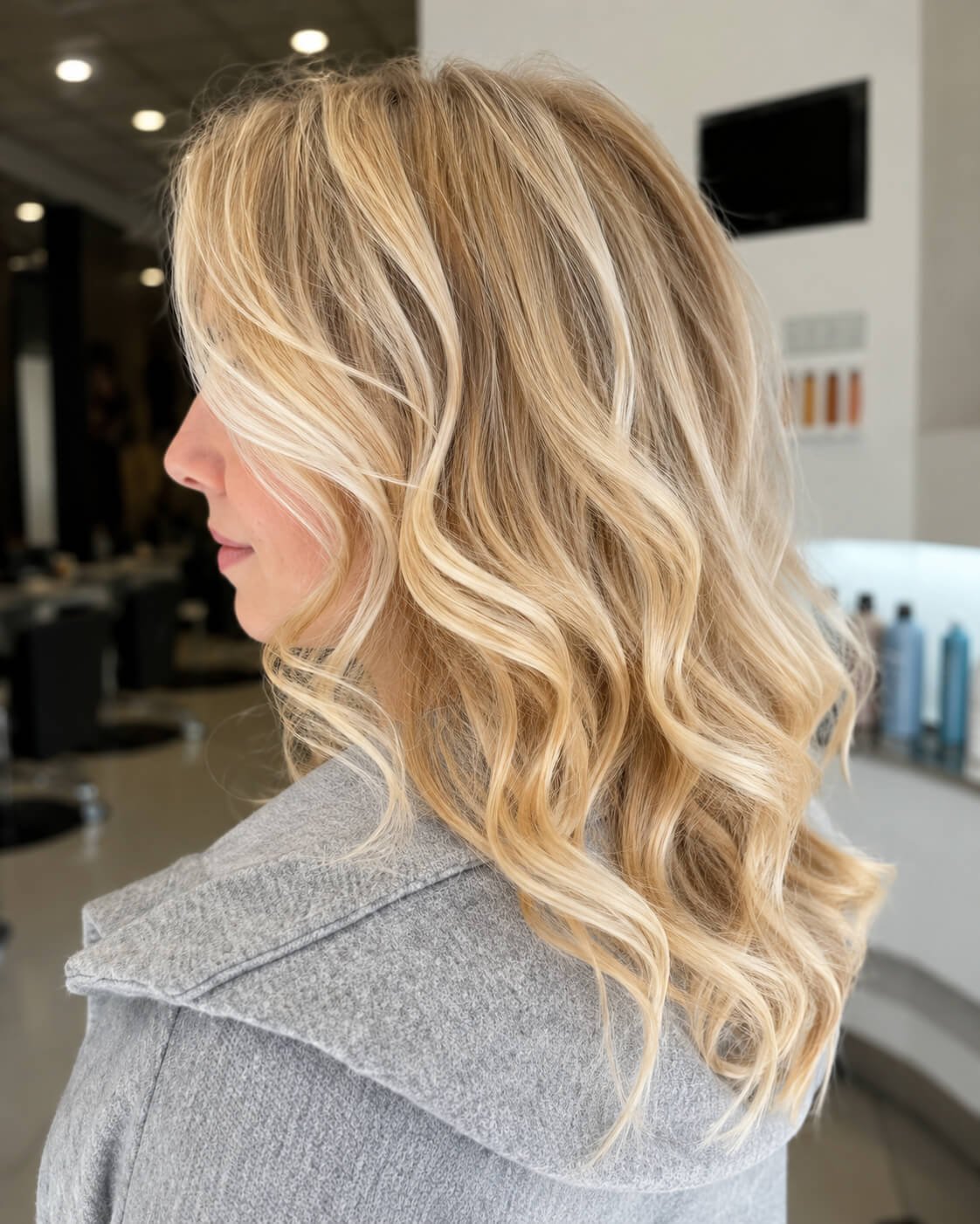 Side view of a woman with shoulder-length blonde hair styled in loose curls, wearing a gray coat, indoors with salon background.