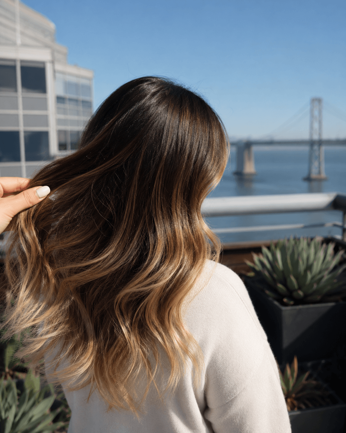 A woman with long, wavy brown hair with blonde highlights, facing away against a cityscape and water, with support from a hand touching her hair.