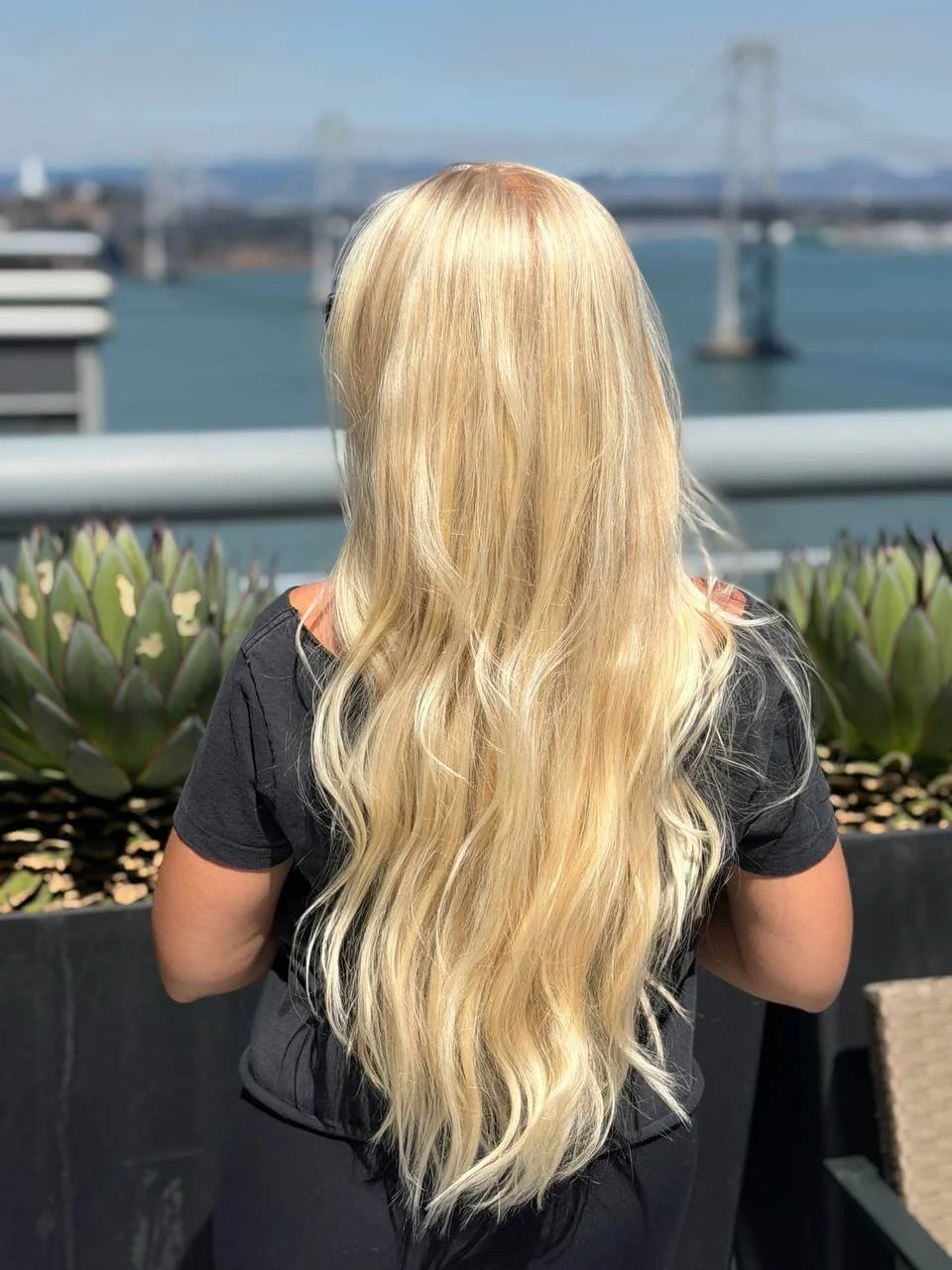 Natural-looking blonde refresh with glossy finish by Olena in San Francisco and San Jose. 