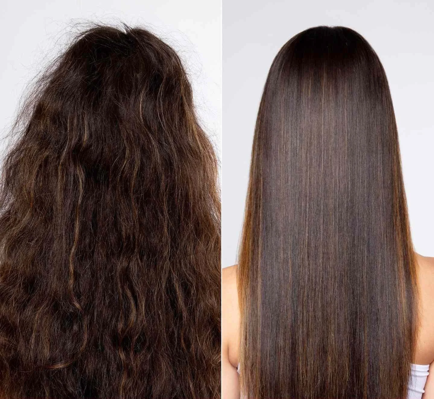 Comparison of hair before and after treatment, showing frizzy, unkempt hair on the left and smooth, straight hair on the right.