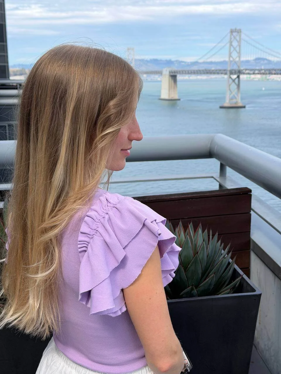 Natural blonde balayage with dimensional color by Olena, serving San Francisco and San Jose.