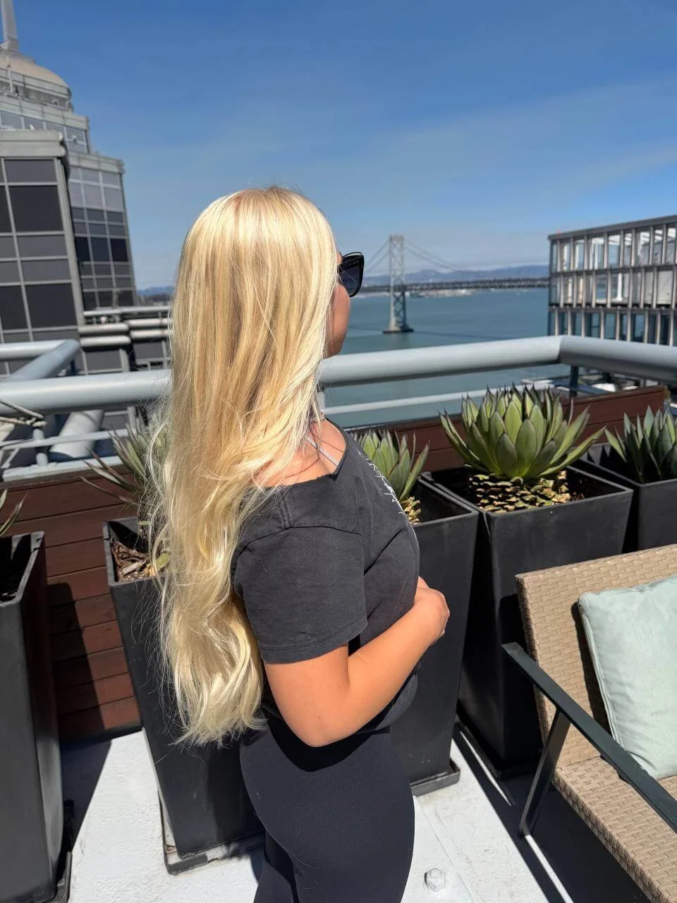 Bright blonde color transformation with blended highlights by Olena, serving San Francisco and San Jose.