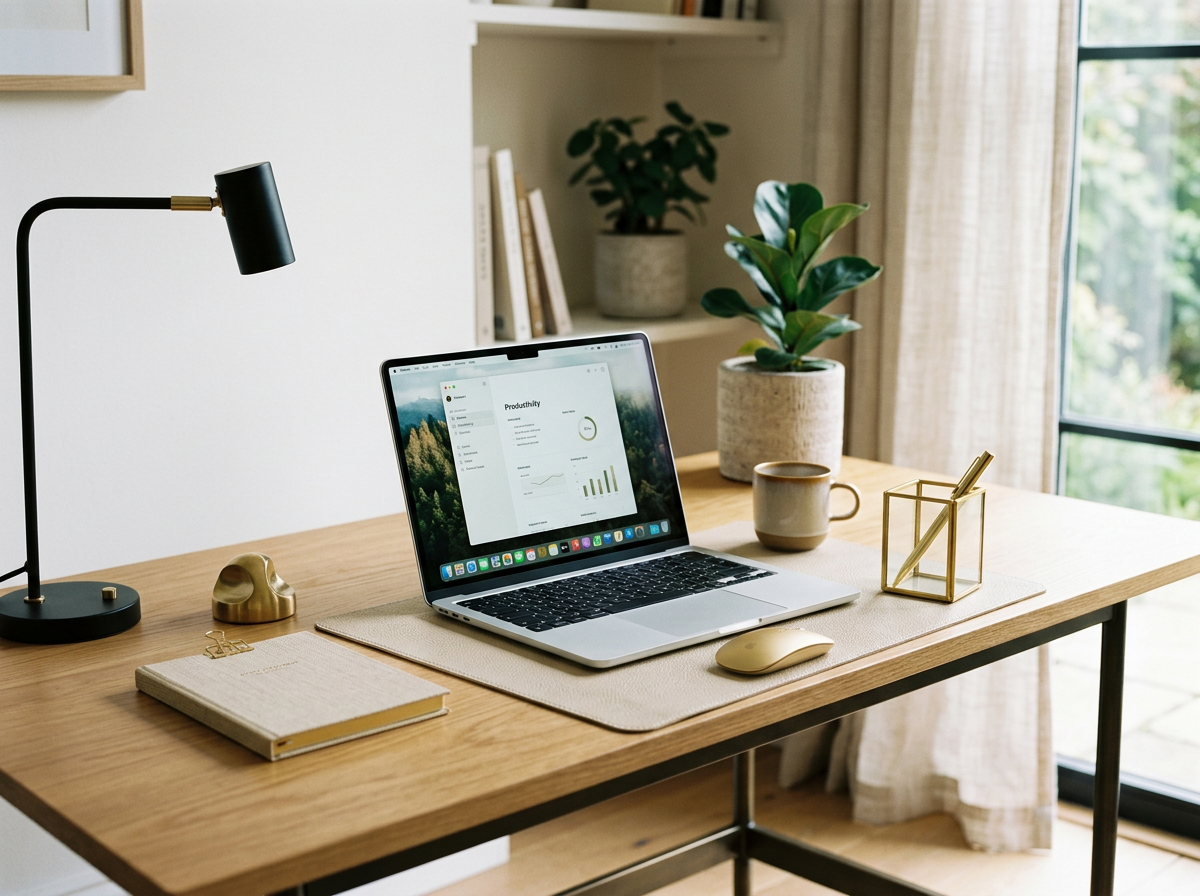 Organized workspace with a laptop showing productivity analytics, a desk lamp, a gold paper clip holder, a notebook, a gold paper clip, a beige mug, a decorative glass box with pens, and two potted plants by a window with curtains.