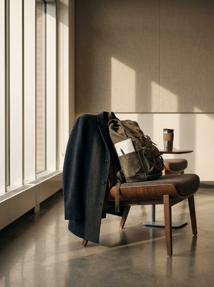 A chair with a dark coat, backpack with notebook and pen, and coffee cup inside a modern room with large windows and natural light.