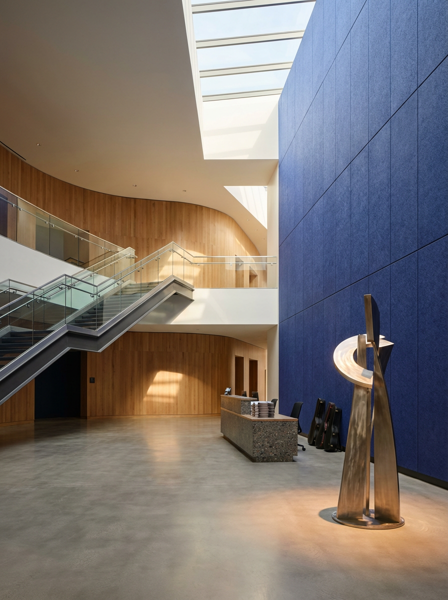 Modern building interior with curved wooden wall, staircase with glass railing, large blue wall, reception desk, and abstract metallic art sculpture.