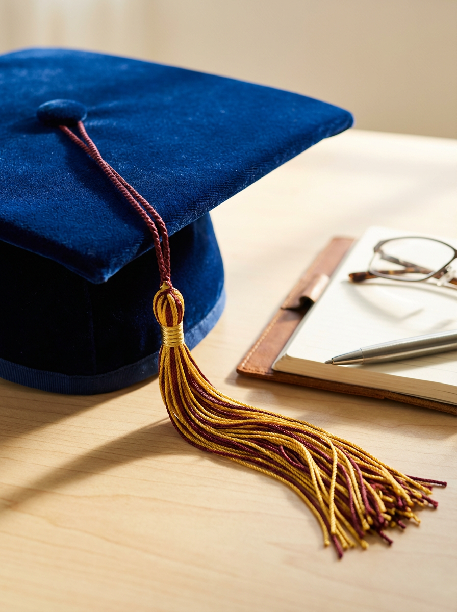 Graduation cap with a tassel, glasses, a pen, and a notebook on a wooden desk.