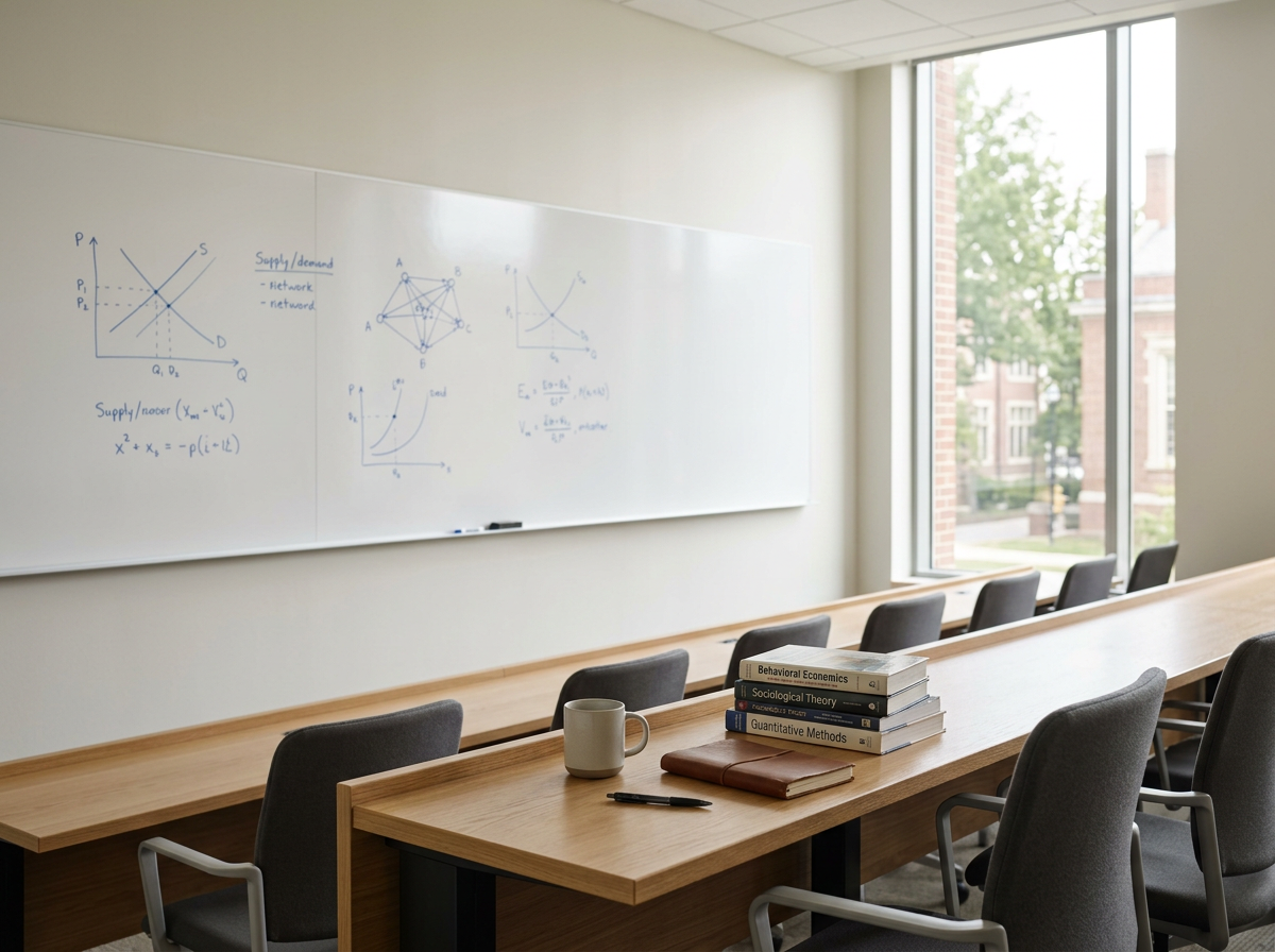 Empty classroom with a whiteboard filled with economics diagrams and equations, wooden tables with books on behavioral economics, sociological theory, and quantitate methods, a mug, a notebook, and a pen, large window showing outside campus scene.
