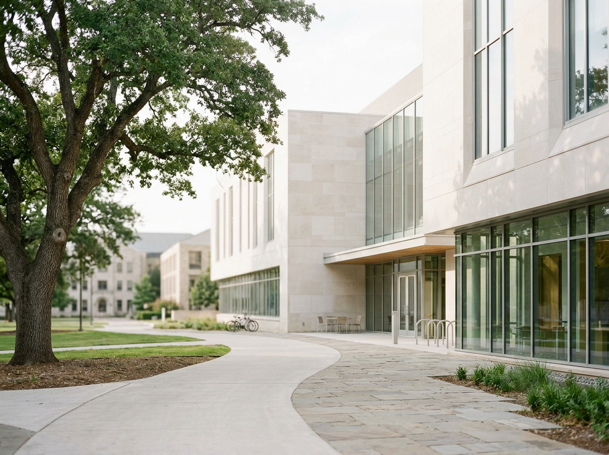 Modern university building with glass windows, a large tree, and a curved walkway with outdoor seating and bicycles.